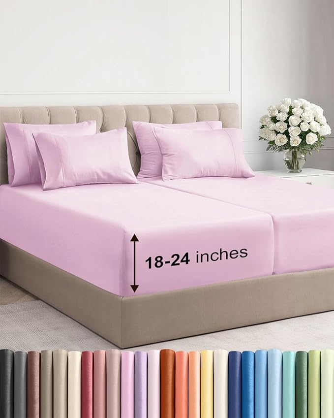 Extra Deep Split King Sheet Set - 7 Piece Breathable and Cooling Sheets - Hotel Luxury Bedding for Women, Men, Kids & Teens - Easy Secure Fit - Soft & Wrinkle Free - Extra Deep Pockets - Light Pink