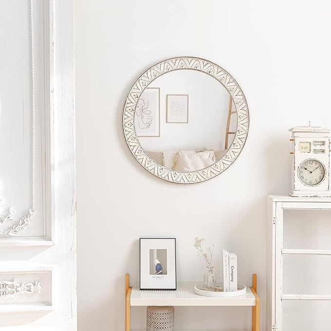 30" Round Wall Mirror, Farmhouse Wooden Frame Circle Mirrors, Rustic Large Decorative Wall Mounted Bathroom Mirror Distressed Hanging Mirrors for Living Room, Bedroom, Entryway, Fireplace, Hall