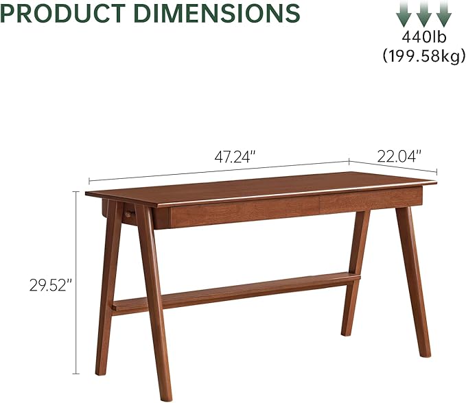 100% Solid Wood Desk Home Office Desk Mid Century Modern Rubberwood Writing Computer Desk with Drawer for Home Office 47" W