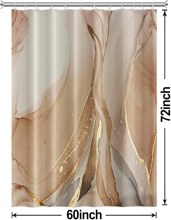 Brown Shower Curtain, Modern Brown Gold Grey Marble Shower Curtain for Bathroom Aesthetic Ink Texture Waterproof Shower Curtain Set with Hooks, 60x72 Inch