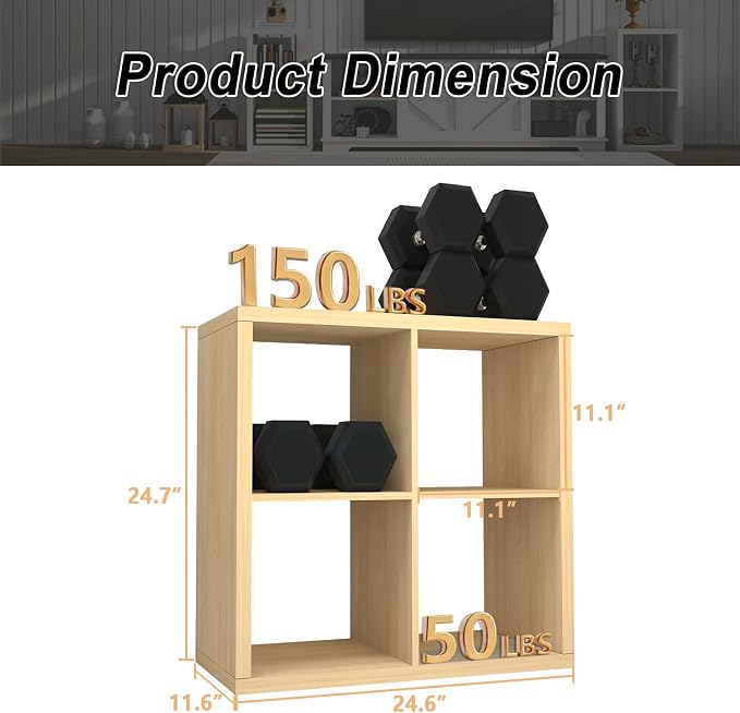 CTESNE【2026 Wooden Thick Frame 4 Cube Storage Organizer Shelf with Anti-Tipping Kits + Reversible Open Back Bookcase, Horizontal and Vertical Dual-use（Oak Color,11inch）