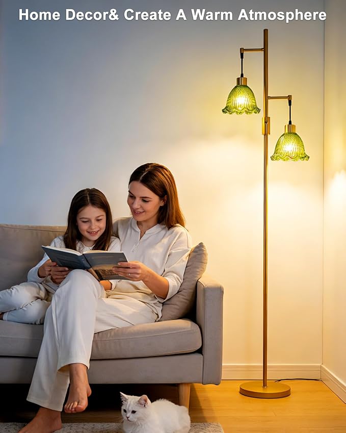 2-Light Modern Glass Floor Lamp, Gold Tall Standing Lamp with Green Bell Glass Shade for Reading, Dimmable LED Floor Lamp with 5Lbs Heavy Base for Living Room Bedroom Home Decor, Bulb Included