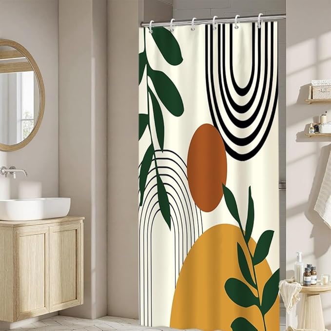 Boho Mid Century Shower Curtains for Bathroom Abstract Minimalist Bathroom Set Decor Stripes Palm Leaves Chic Aesthetic Bathtub Curtains Washable Waterproof Polyester Fabric with Hooks 48x72 Inch