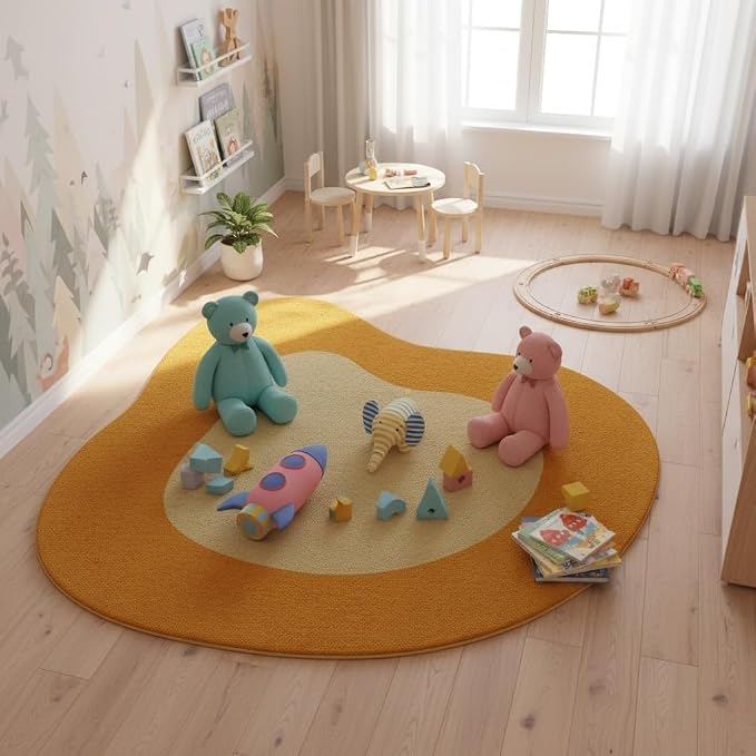 Mustard Yellow Beige Modern Abstract Irregular Area Rug 10ft Unique Design Irregular Shaped Rugs for Living Room Bedroom Playroom Pet Friendly Carpet Boho Under Dining Table Non Slip Easy Clean Mats