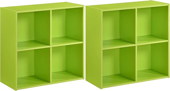 Kings Brand Furniture George 4-Cube Storage Organizer, 2-Tier Bookcase with Wood Shelves for Living Room, Bedroom, Nursery, or Home Office (Green, 2-Pack)