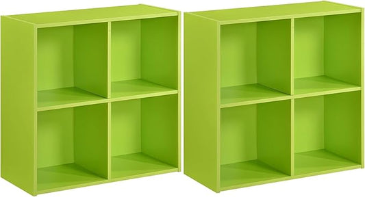 Kings Brand Furniture George 4-Cube Storage Organizer, 2-Tier Bookcase with Wood Shelves for Living Room, Bedroom, Nursery, or Home Office (Green, 2-Pack)