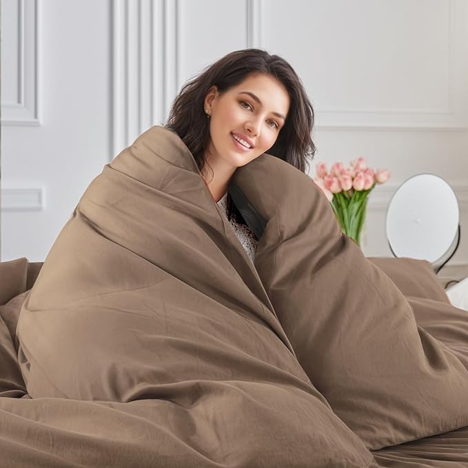 NEXHOME PRO 100% Washed Cotton Duvet Cover Full Size, Ogranic Natural Linen Feel Breathable Bedding Set with Zipper Closure, 3 Pieces Duvet Cover Set Toffee (No Comfortert) 8090