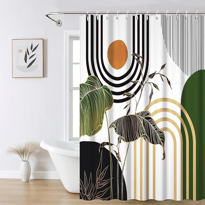 Mid Century Boho Shower Curtain for Bathroom Modern Abstract Minimalist Bathroom Decor Set Black Gold Leaf Sun Arch Bathtub Curtains Machine Washable Waterproof Polyester Fabric with Hooks 54x72 Inch