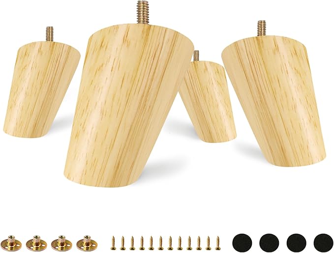 FoDau770 Rubber Wood Furniture Legs 3 Inches, Slant Tapered Wood Feet Mid Century Sofa Legs Set of 8, 5/16" UNC Furniture Feet Replacement Parts for Cabinet Couch Dresser Chair Ottoman Table