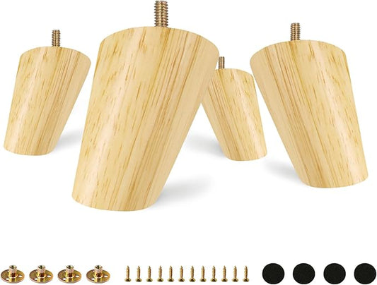 FoDau770 Rubber Wood Furniture Legs 3 Inches, Slant Tapered Wood Feet Mid Century Sofa Legs Set of 4, 5/16" UNC Furniture Feet Replacement Parts for Cabinet Couch Dresser Chair Ottoman Table