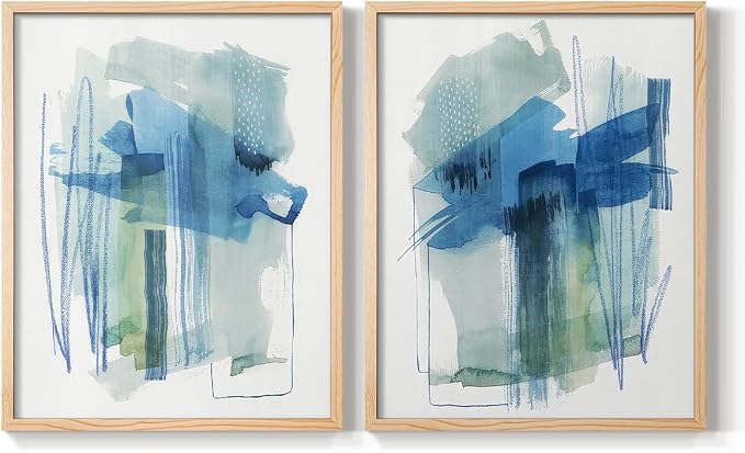Renditions Gallery Set of 2 Peel & Stick Framed Prints, Modern Abstract Wall Art, Blue and Neutral Bold Brushstrokes Wall Decor, Re-Stickable - Ready to Hang - 8"x10" - NATURAL WOOD Frame LT588