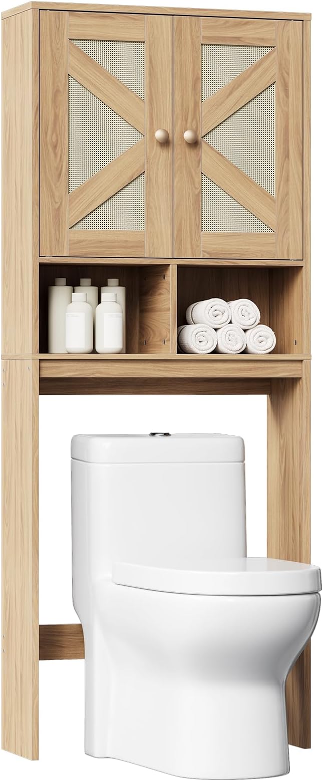 HOOBRO Over The Toilet Storage Cabinet with Rattan-Style Doors, Farmhouse Bathroom Over Toilet Organizer, Bathroom Storage Shelf, Adjustable Shelves, Laundry Room, Natural NL23TS01