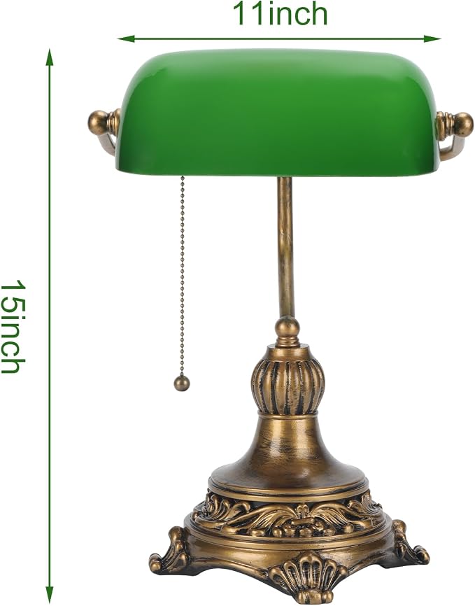 NISSAFORS Bankers Lamp with Pull Switch, Green Glass Desk Lamp with Retro Black/Gold Finish, Vintage Table Lamps for Living Room, Library, Piano(Green)