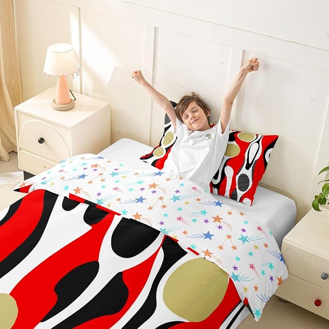Erosebridal Mid Century Modern Abstract Duvet Cover Set Vintage Geometric Girl Toddler Bedding Set for Children Boys Contemporary Organic Shapes Comforter Cover Squiggle Blob Bed Sets,Red Beige