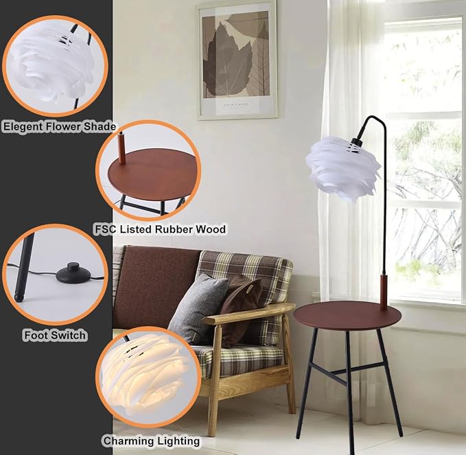 Fiqevs Flower Floor Lamp, Wood Shelf Mid-Century Modern Standing Lamp, Tripod Tall Lamp for Living Room, Bedroom, Office Decor