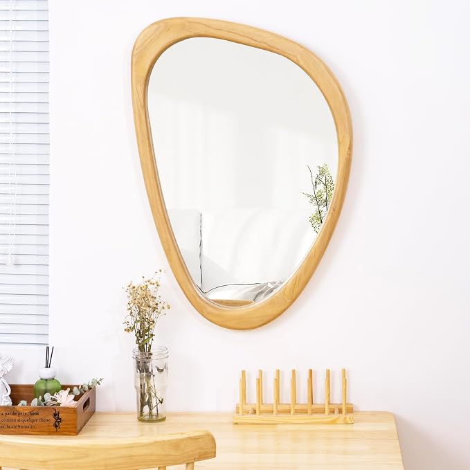 Irregular Wall Mirror, 20 x 30in Wooden Frame Asymmetrical Mirror, Large Home Decor Wall Mirrors, Hanging Vertically and Horizontally, for Bathroom, Living Room, Entryway (Natural Colour)