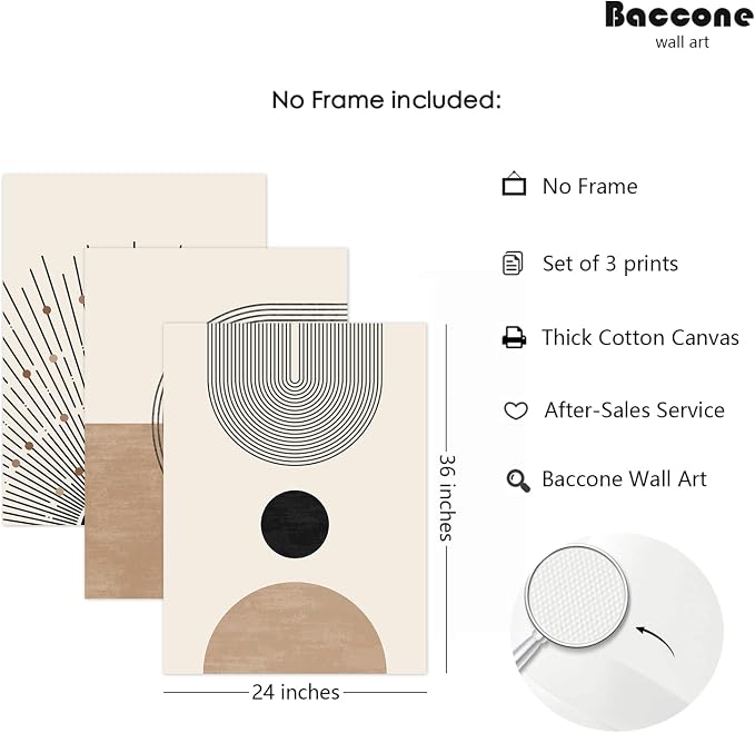 Mid Century Modern Wall Art Set of 3 Neutral Boho Art Prints Abstract Geometric Wall Art Picture Black Beige Minimalist Painting Canvas Artwork for Living Room Bedroom 24x36 Inch UNFRAMED