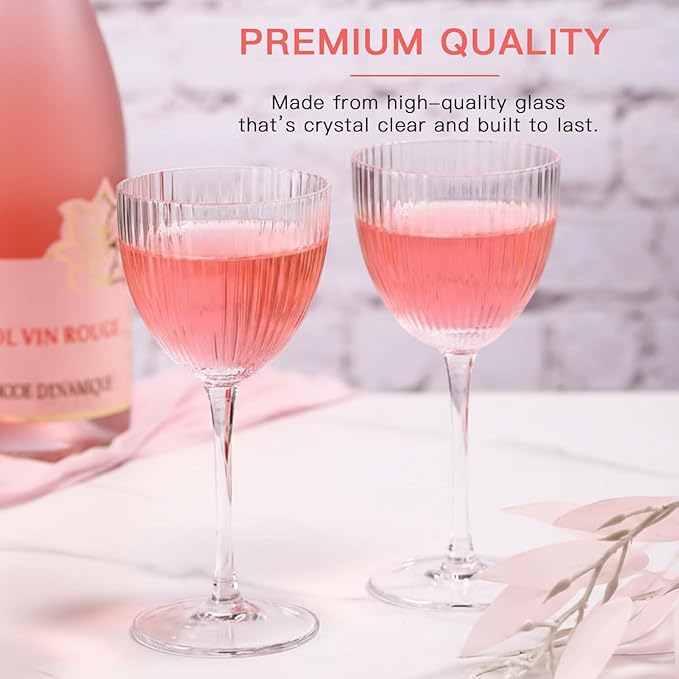 Nick and Nora Cocktail Glasses - Coupe Glasses Set of 6, Vintage Ribbed Martini Glassware, Crystal Cordial Cups for Whiskey, Gin, Vodka, Champagne, 5 Oz,Valentines Day Gifts For Her