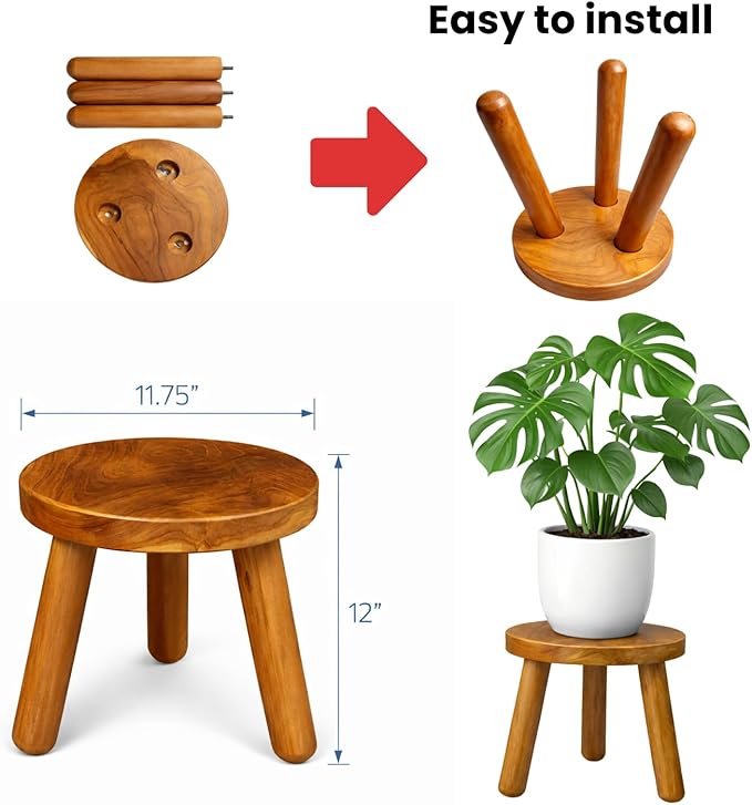 Plant Stool Indoor, Teak Stool for Plants, Bathroom Side Table, Mid-Century Style(12" Tall)
