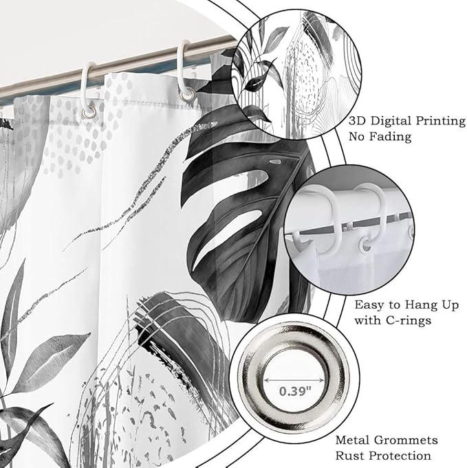 Mid Century Boho Shower Curtain Gray Tropical Palm Leaf Abstract Geometric Minimalist Aesthetic Bathroom Decor Watercolor Plant Bath Curtain Washable Waterproof Polyester Fabric with Hooks 69x75 Inch