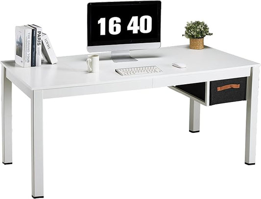 White Computer Desk with Drawer, 63 Inch Large Home Office Work Desks, Modern Writing Study PC Desk Gaming Table for Bedroom Home, Stable Thick Metal Legs Frame Support