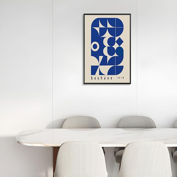 Vintage Bauhaus 1919 Geometric Framed Poster Blue And White Geometric Composition Canvas Wall Art Minimalist Abstract Prints Painting For Home Bedroom Dorm Wall Decor 8x10in Framed