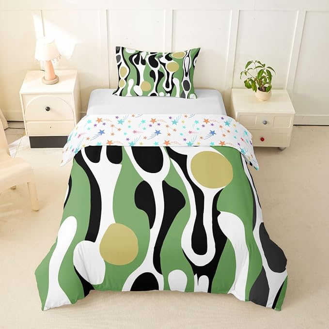 Erosebridal Organic Geometric Duvet Cover Set Modern Abstract Girl Toddler Bedding Set for Youth Boys Retro Mid Century Comforter Cover Modern Fluid Art Irregular Circles Bed Sets,Sage Green Khaki