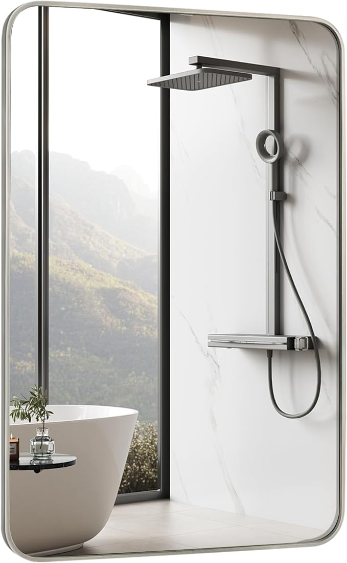 Bathroom Mirror Brushed Nickel, 30 x 48 Inch Metal Frame Rectangle Mirror Rounded Silver Modern Vanity Mirror Anti-Rust for Bathroom, Farmhouse Wall Mounted Vertically/Horizontally