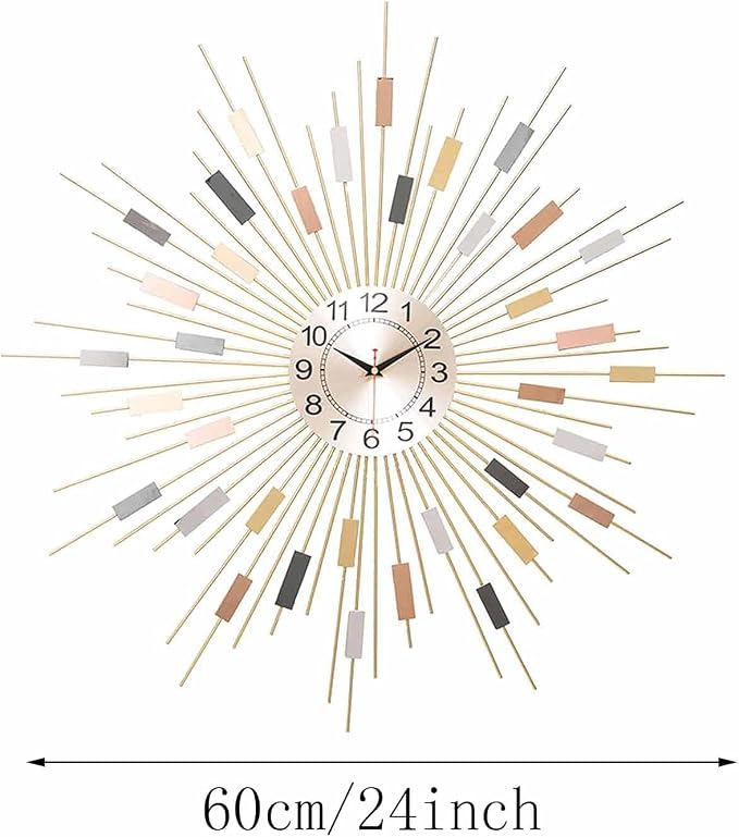 Gold Sunburst Wall Clock for Living Room - Large Non-Ticking Silent Modern Decor - Elegant Metal Dial Clock for Bedrooms