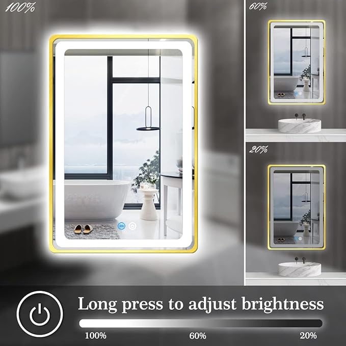20 x 30 Inch Gold Vanity Mirror with Lights Gold Frame Lighted mirror for Bathroom Horizontal/Vertical Wall Mounted Tabletop LED Makeup Mirror with Light Smart Memory 3 Color Dimmable AntiFog