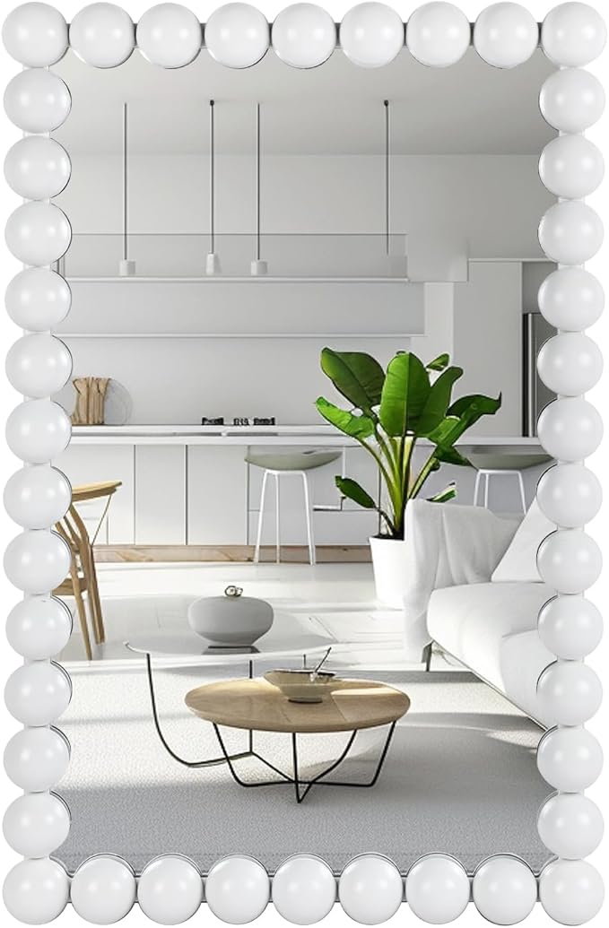 Decorative Beaded Wall Mirror – Modern Rectangular Accent Mirror, 20″x30″, for Living Room, Bedroom, Bathroom, Entryway & Office – Available in Gold, Black, & White (White)