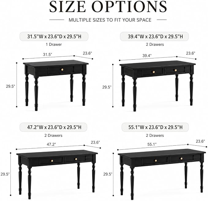 Walnut Writing Desks with Drawers, 47" Solid Wood French Country Style Computer Desk for Home Office, Living Room Study Workspace or Bedroom, Traditional Vanity Dressing Table