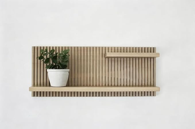 Fluted Wood Wall Shelf - Mid-Century Modern Style with Larger Bottom Shelf