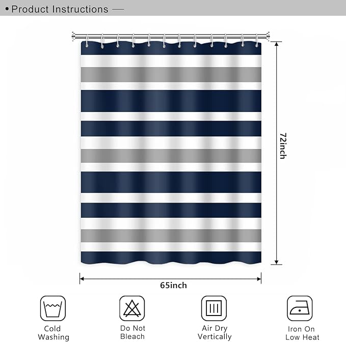 Stripes Fabric Bathroom Curtain Dark Blue Grey Modern Minimalist Shower Curtain with Hooks Polyester Waterproof Abstract Artistic Decor, 65x72 Inch