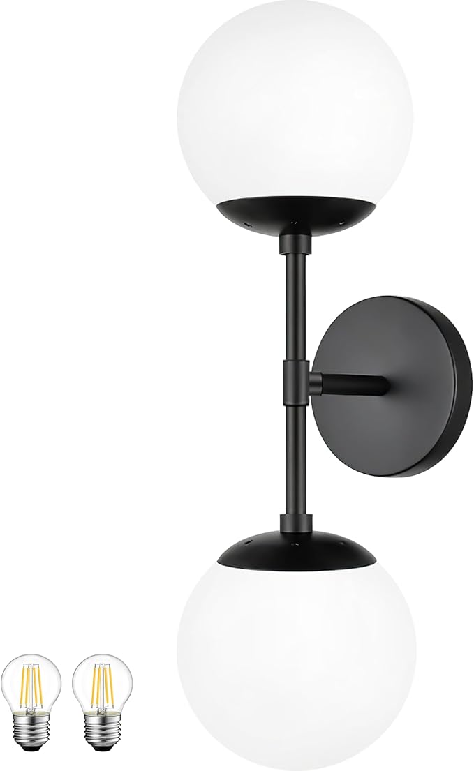 KoKo&Yukina Mid Century Modern Bathroom Matte Black Bathroom Vanity Light Fixtures Globe Sconce 2 Light Vanity Light Gold Vanity Light Mid Century Wall Sconce