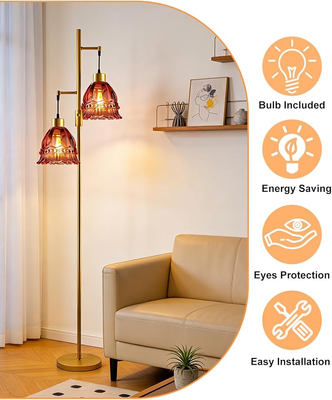 2-Light Modern Glass Floor Lamp, Gold Tall Standing Lamp with Deep Red Lace Glass Shade for Reading, Dimmable LED Floor Lamp with 5Lbs Heavy Base for Living Room Bedroom Home Decor, Bulb Included