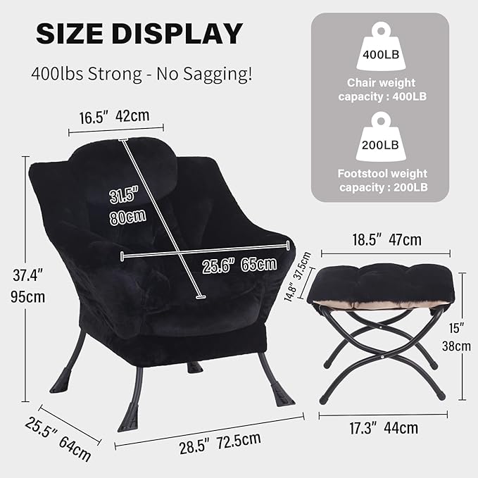Tiita Lazy Chair with Ottoman, Black Modern Large Accent Chair, Comfy Leisure Sofa Armchair with Ottoman, Reading Chair with Footrest for Bedroom, Living Room, Dorm Rooms, Plush Black