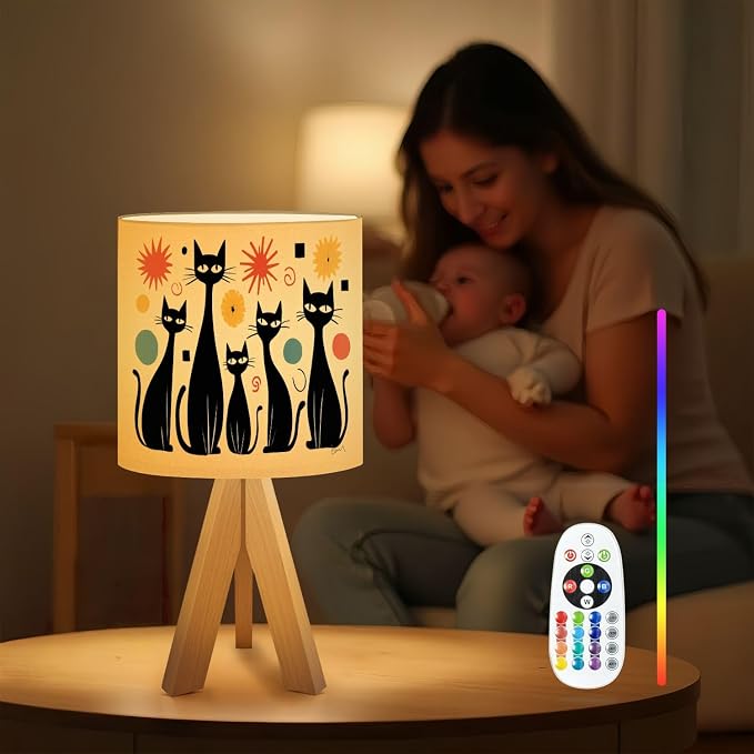 Tripod Table Lamp Mid Century Modern Atomic Cat Diamonds Black Retro Abstract Bedside Lamps Small Lamp Nightstand Lamp with Linen Lampshade Table Lamps for Bedroom Livingroom Nursery