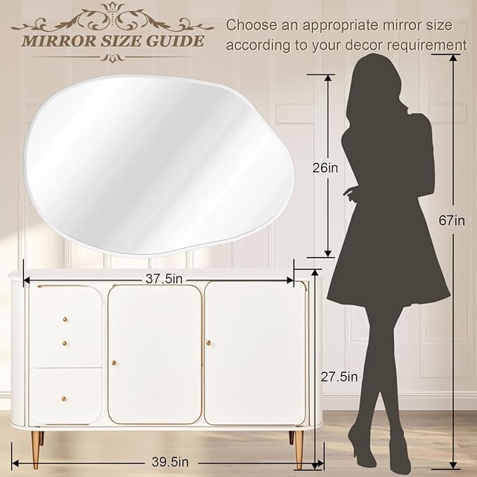 Large Asymmetrical Wall Mirror Aluminum Alloy Frame Irregular Bathroom Mirrors Brushed Metal Vanity Wall Mounted Mirror for LivingRoom Bedroom Entryway Room Home Decor White 26"x37.5"