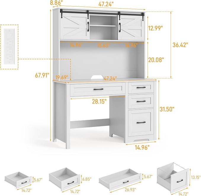 Farmhouse 67" H Executive Desk with Hutch,Office Table with LED light and 7 Drawers,Computer Desk with Charging Station,File Drawers and Storage Cabinet,Workstation for Home Office.Cream White