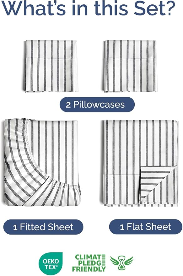 Extra Deep Twin Sheet Set - 4 Piece Breathable and Cooling Sheets - Hotel Luxury Bedding for Women, Men, Kids & Teens - Easy & Secure Fit - Soft and Wrinkle Free - Extra Deep Pockets - Grey Stripes