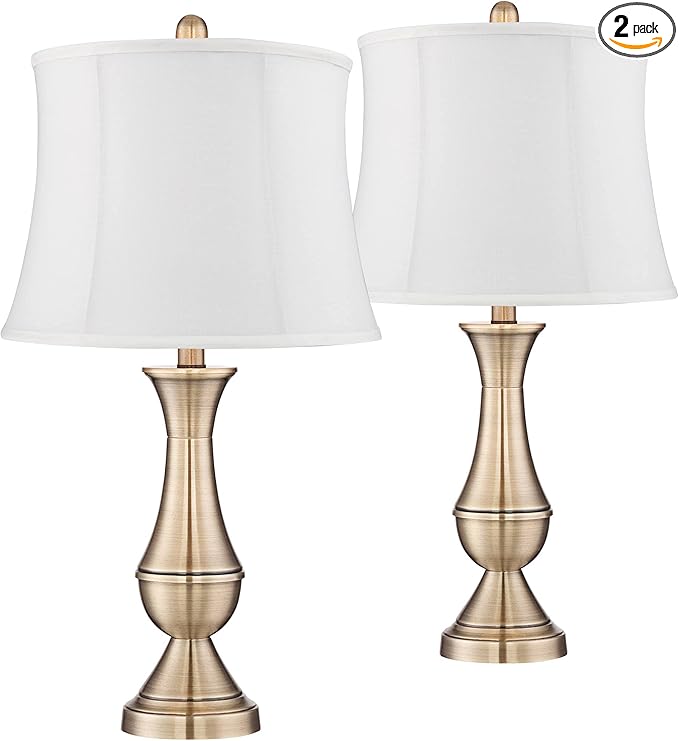 Regency Hill Becky Traditional Table Lamps 24 3/4" Tall Set of 2 Antique Brass Gold Metal White Softback Fabric Drum Shade for Bedroom Living Room House Home Bedside Nightstand Office Family