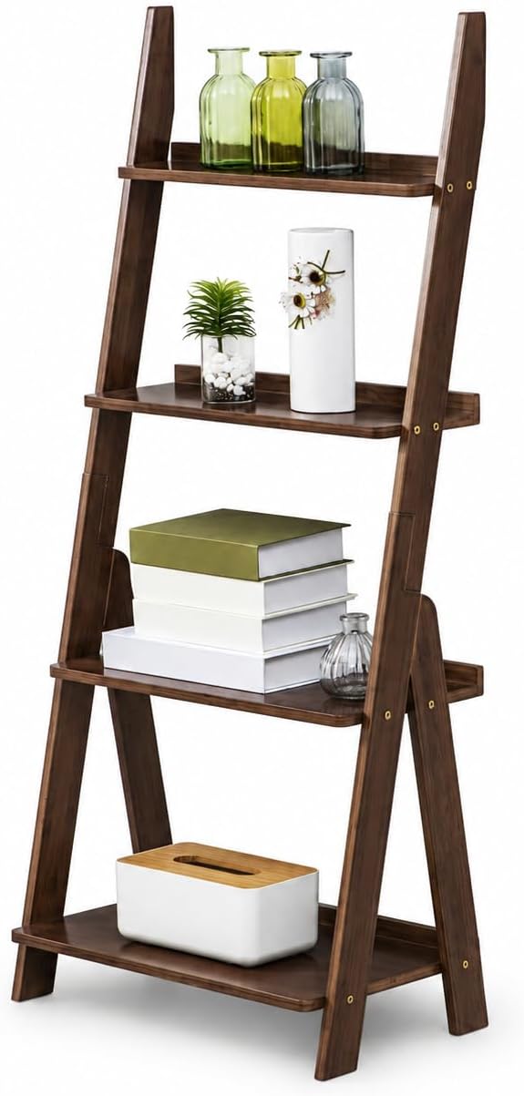 Maydear Bamboo Ladder Shelf Bookcase, 4-Tier Leaning Bookshelf Free Standing Organizer Storage Shelves for Living Room, Bedroom, Kitchen, Home Office, Balcony (Dark Walnut)