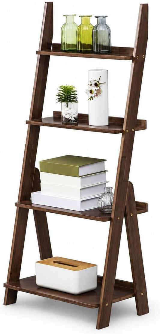 Maydear Bamboo Ladder Shelf Bookcase, 4-Tier Leaning Bookshelf Free Standing Organizer Storage Shelves for Living Room, Bedroom, Kitchen, Home Office, Balcony (Dark Walnut)