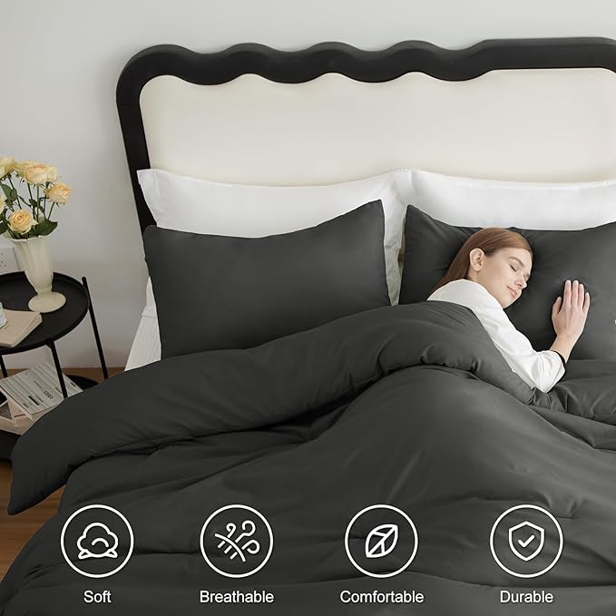 CozyLux California King Comforter Set Dark Grey, 3 Pieces Cal King Lightweight Down Alternative Quilted Bedding Sets, Dark Gray All Season Solid Comforter with 2 Pillowcases, Bed Set Gift for Home