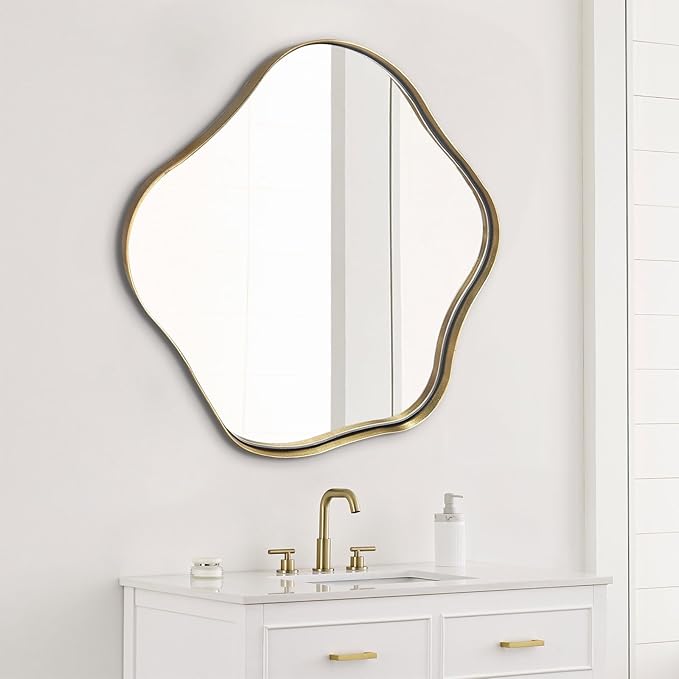 Asymmetrical Wall Mirror, 24" Irregular Shaped Mirror with Gold Frame, Wavy Round Mirrors Decorative, Modern Scalloped Mirrors for Living Room Bathroom Bedroom Hallway Entryway Fireplace