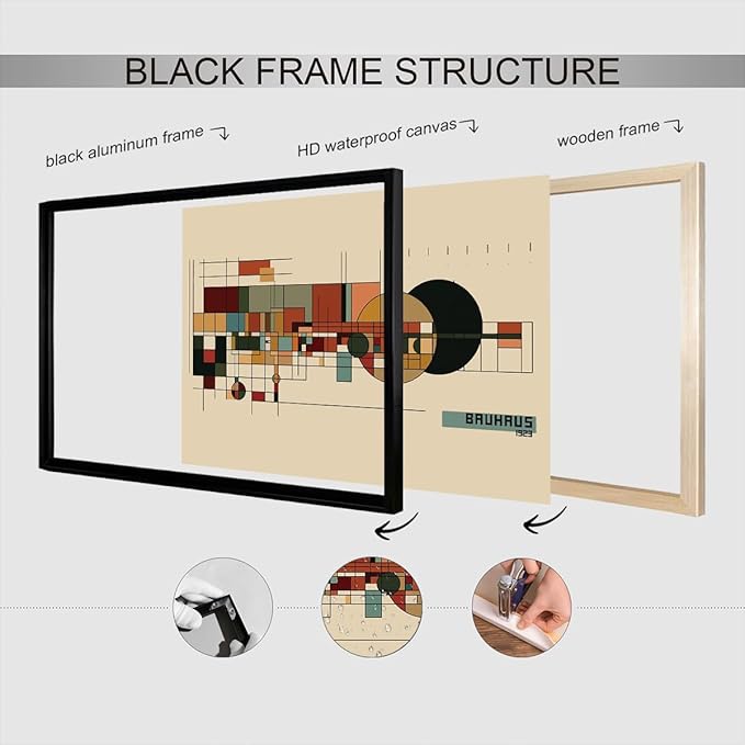 Bauhaus 1923 Geometric Framed Poster Modernist Bauhaus Style Earth Tone Grid Canvas Wall Art Circles And Rectangles Prints Painting For Home Bedroom Dorm Wall Decor 16x24in Framed
