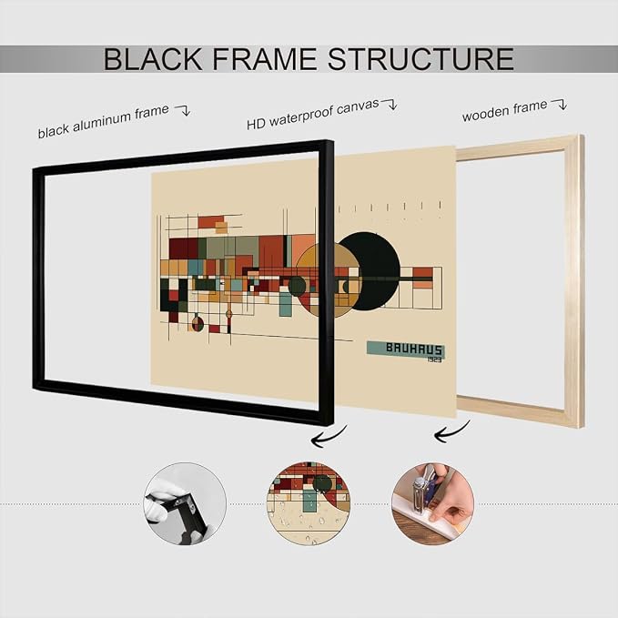 Bauhaus 1923 Geometric Framed Poster Modernist Bauhaus Style Earth Tone Grid Canvas Wall Art Circles And Rectangles Prints Painting For Home Bedroom Dorm Wall Decor 8x10in Framed