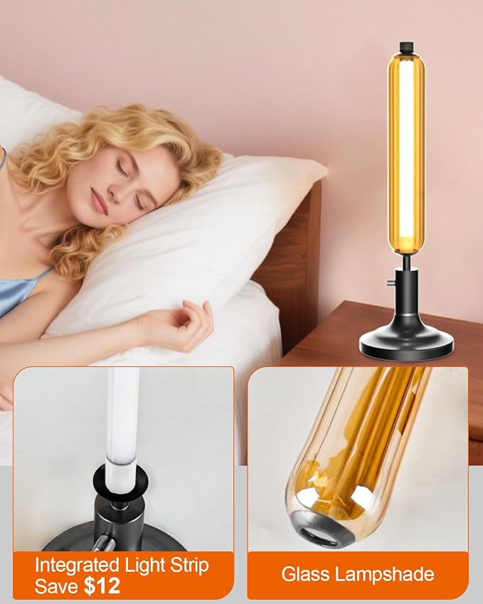 Lightdot Minimalist Table Lamp for Living Room, Mid Century Modern Farmhouse Bedside Lamps with Brown Glass Shade, 3000K Warmwhite Dimmable Nightstand Lamp for Bedroom-Black