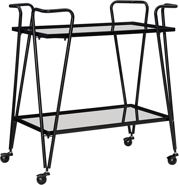 Linon Gina Black Mid Century Bar Cart with Mirrored Shelves